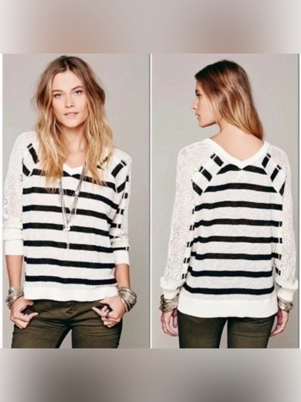 Title: Free People We The Free Black & White Striped Open Knit Pullover Sweater